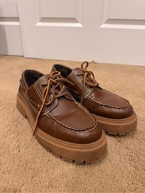Bershka Men's Brown Leather Boat Shoes with Chunky Gum Sole